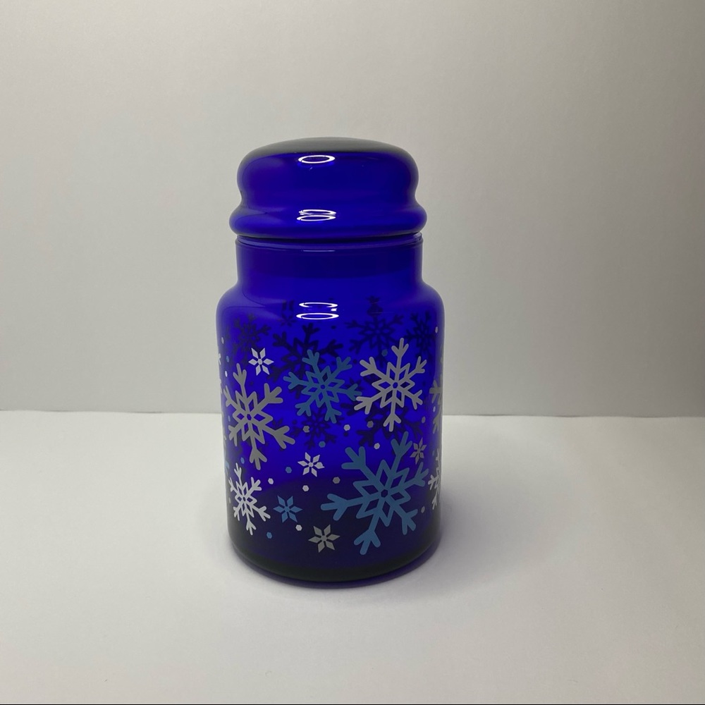 Libbey Cobalt Blue Glass Christmas Storage Jar And Lid w/White & Blue Snowflakes